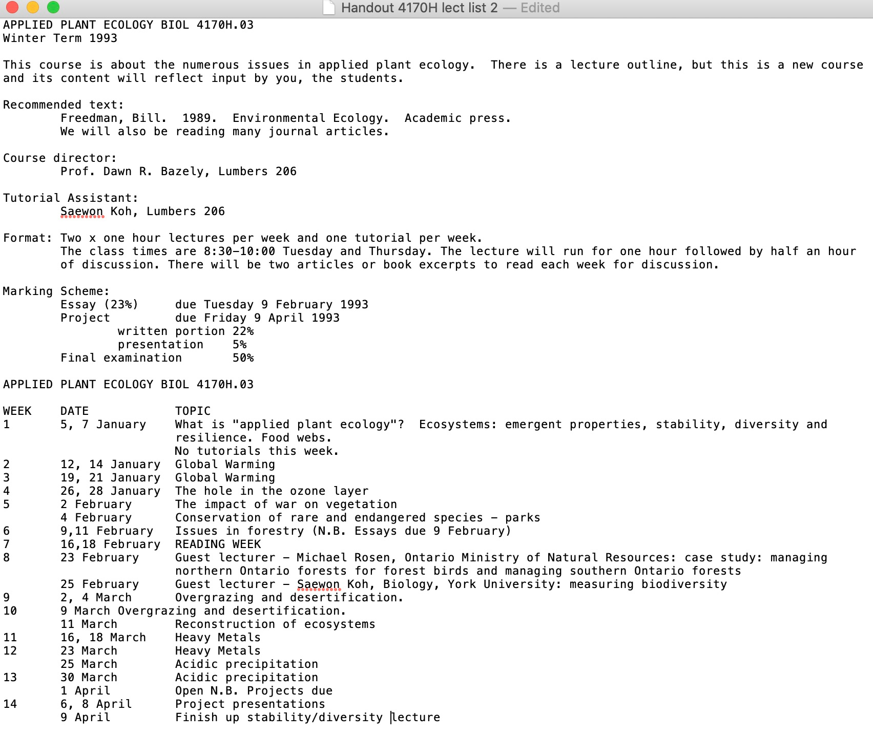 Applied Plant Ecology Field Trip to Presqu'ile Provincial Park in October 2003